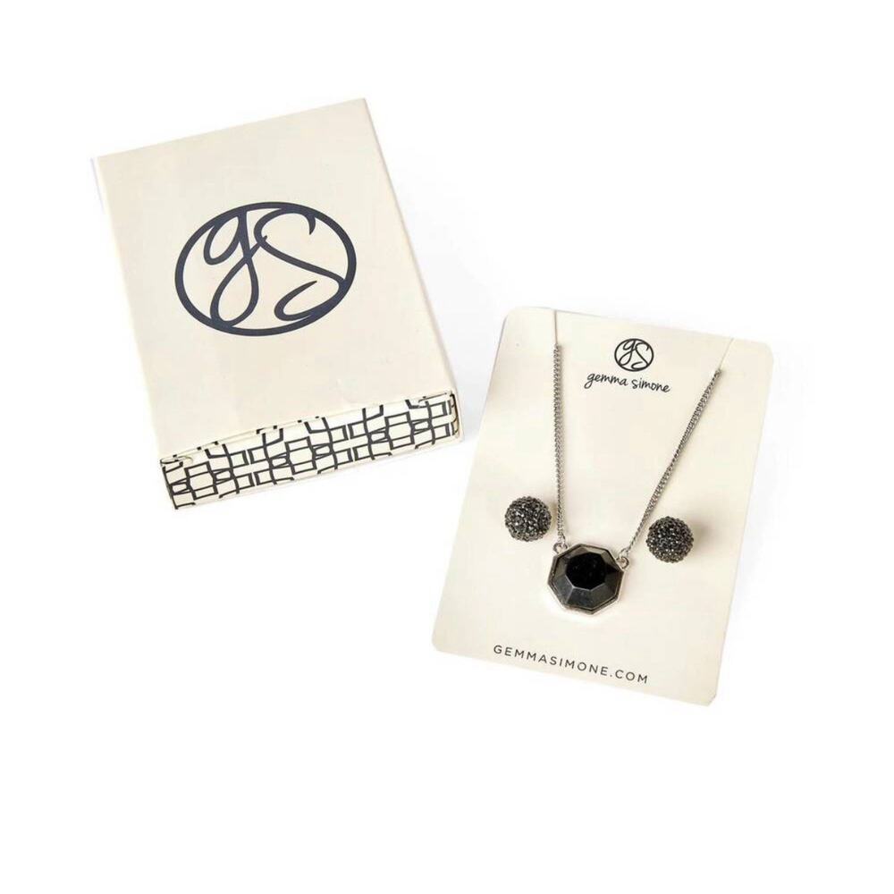 Gemma Simone Black Pendant Silvertone Necklace & Pierced Earring Set NEW